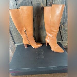 Vince Camuto Cognac Leather Knee-High Block Heel Boots | 6.5 Wide Calf
